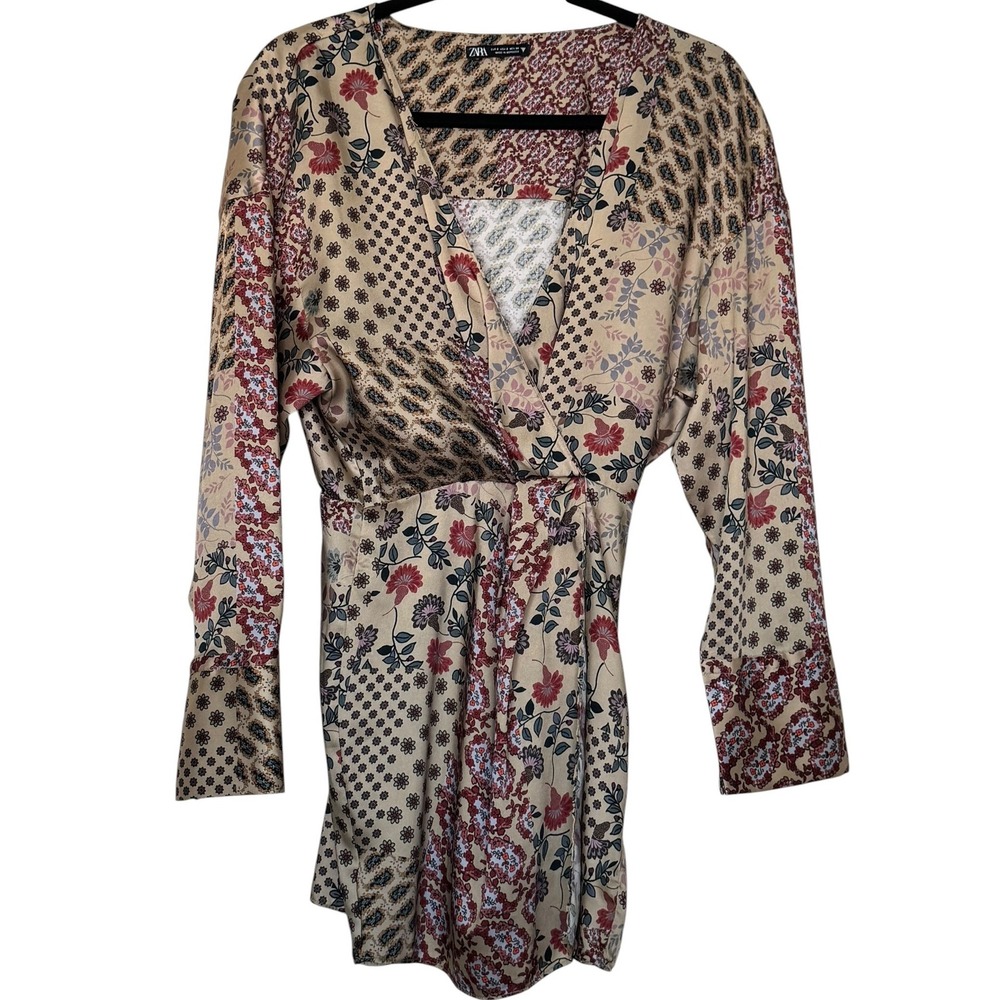 Zara Patchwork Floral Paisley Satin Jumper V-Neck Sm Morocco Boho Safari Desert